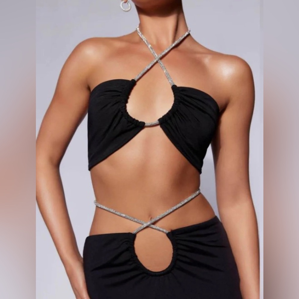 MESHKI Rubi Diamante Rope Ruched Bandeau Black Size Small